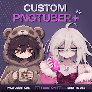 May include: Digital illustration of two characters labeled CUSTOM PNGTUBER+. One character wears a brown bear hoodie and holds a mug with a bear graphic and text MUG OF AWAKENING CRITICALLY DRAINED. The other has white hair, a pink drink, and a B necklace.