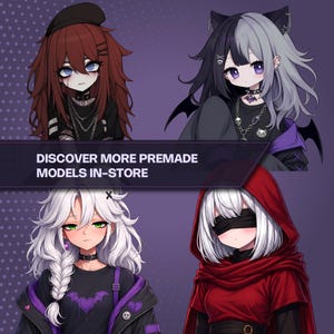 May include: Four anime-style character illustrations on a purple background. The text reads DISCOVER MORE PREMADE MODELS IN-STORE. Characters feature varied hair colors including red, black and white, silver, and white, with distinct accessories.