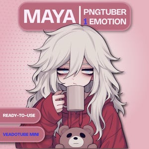 Op de afbeelding: Digitale illustratie van een personage genaamd Maya, met wit haar en vermoeide ogen, die een mok vasthoudt. Het personage draagt een rode hoodie met een teddybeerontwerp. Tekst omvat "PNGTUBER 1 EMOTION", "READY-TO-USE" en "VEADOTUBE MINI".