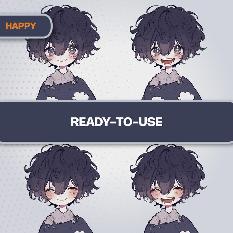 Happy expression for Gloom PNGTuber, star eyes and sweet smile, 4 high-quality PNG files.
