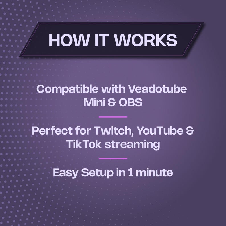 Puede incluir: Un gr&aacute;fico p&uacute;rpura con texto blanco que explica c&oacute;mo funciona algo. Menciona la compatibilidad con Veadotube Mini y OBS, perfecto para streaming en Twitch, YouTube y TikTok, y una configuraci&oacute;n f&aacute;cil en 1 minuto.