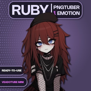 Könnte beinhalten: Eine digitale Illustration im Anime-Stil eines Charakters namens Ruby. Ruby hat rotes Haar, blaue Augen und trägt ein schwarzes Outfit mit Halsband und Kette. Der Text "PNGTUBER 1 EMOTION", "READY-TO-USE" und "VEADOTUBE MINI" ist enthalten.