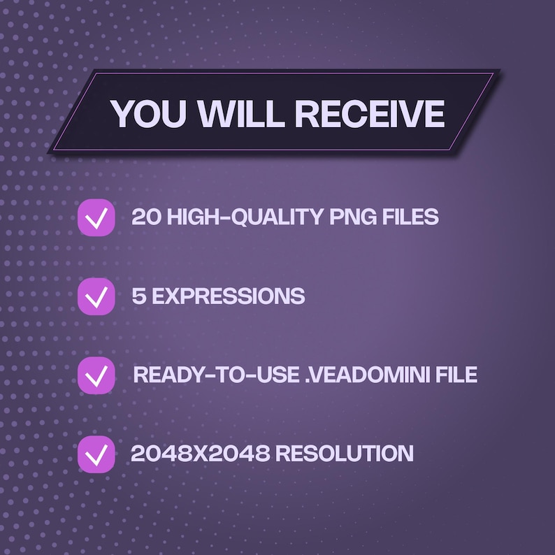 PNGTuber commission package inclusions and technical specifications. Instant download contents checklist: 20 high-quality PNG files with expressions, pre-configured veadomini profile for Veadotube Mini, and crisp 2048x2048 resolution optimized for streaming without lag.