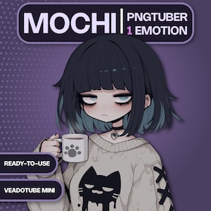 Puede incluir: Ilustración de un personaje con cabello negro y reflejos azules, vistiendo un suéter con un diseño de gato. El personaje sostiene una taza con una huella de pata. El texto incluye "MOCHI", "PNGTUBER 1 EMOTION", "READY-TO-USE" y "VEADOTUBE MINI".