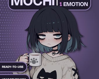 May include: An anime-style character with black hair and blue tips, wearing a sweater with a cat design, holding a mug with a paw print. Text includes "MOCHI", "PNGTUBER 1 EMOTION", "READY-TO-USE", and "VEADOTUBE MINI".