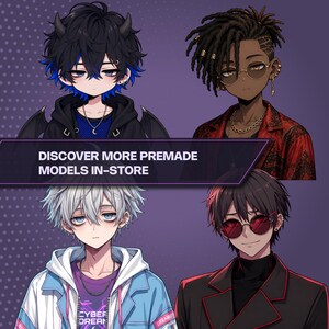 May include: Four anime-style character portraits on a purple dotted background. The text reads DISCOVER MORE PREMADE MODELS IN-STORE. Characters feature varied hairstyles, accessories like horns, glasses, and layered clothing in black, red, and blue tones.