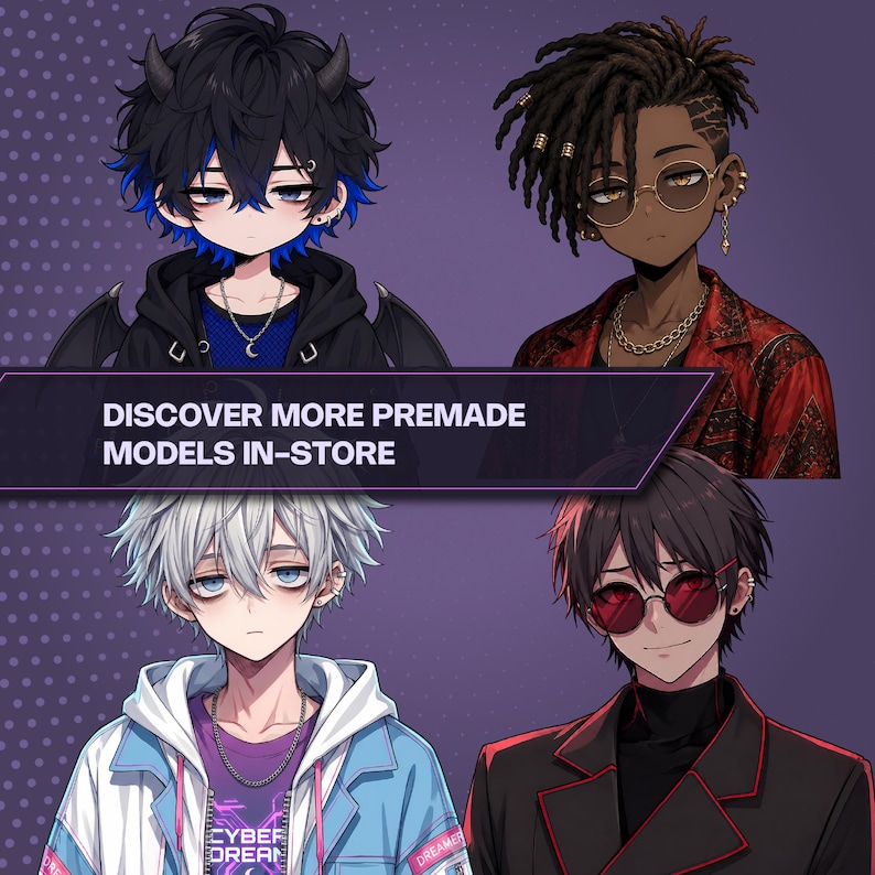 May include: Four anime-style character portraits on a purple dotted background. The text reads DISCOVER MORE PREMADE MODELS IN-STORE. Characters feature varied hairstyles, accessories like horns, glasses, and layered clothing in black, red, and blue tones.