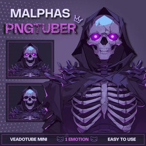 May include: A digital illustration of a skeleton character titled MALPHAS PNGTUBER, featuring a hooded figure with glowing purple eyes, a cracked skull, and dark armour. Includes two smaller inset views of the character and text labels.
