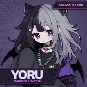 May include: An anime-style character illustration titled Yoru, a PNGtuber with split black and grey hair, cat ears, and purple eyes. The character wears a black shirt, a spiked choker with a bat pendant, and a skull necklace. Text reads VEADOTUBE MINI.