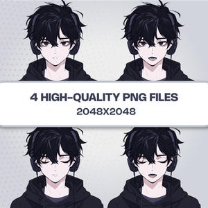 Four expressions of Krow PNGTuber: eyes open, blinking, talking, and neutral states on a clean white background.
