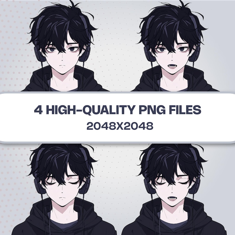 Four expressions of Krow PNGTuber: eyes open, blinking, talking, and neutral states on a clean white background.