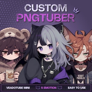 Custom PNGTuber commission portfolio showcase for Twitch streamers and Vtuber creators. Premium high-resolution anime chibi avatar design package with 5 expressions and custom veadomini file configuration for Veadotube Mini. Stream overlay and gaming reactive images setup.