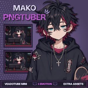 Könnte beinhalten: Eine digitale Charakterillustration mit dem Titel MAKO PNGTUBER, die eine Person mit zerzaustem schwarzem Haar mit roten Strähnen zeigt, die einen schwarzen Kapuzenpullover mit einer Sicherheitsnadel und eine silberne Kette mit Kreuz trägt.