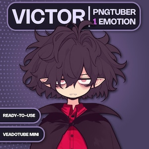 Puede incluir: Ilustración digital de un personaje llamado Victor, diseñado para ser utilizado como PNGTuber. El personaje tiene cabello oscuro y desordenado, piel pálida y ojos enrojecidos. El personaje lleva una camisa roja y una capa negra. El texto en la imagen dice "READY-TO-USE" y "VEADOTUBE MINI."