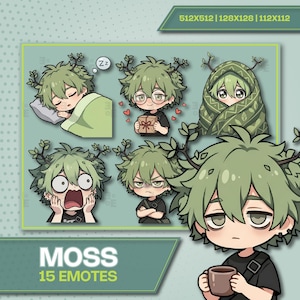 Op de afbeelding: Een verzameling van 15 "Moss" emotes met een personage met groen haar en plantachtige kenmerken. De emotes tonen verschillende uitdrukkingen, waaronder slapen, verrast zijn en een cadeau vasthouden. De afbeelding bevat de tekst "MOSS 15 EMOTES".