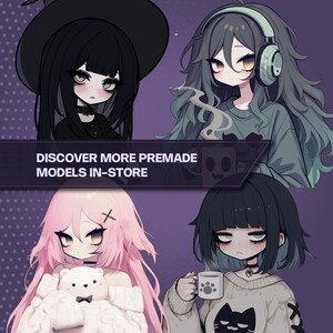 May include: Four anime-style character illustrations on a purple background. Top left: black hair and hat. Top right: gray hair and headphones. Bottom left: pink hair holding a white bear. Bottom right: black hair holding a mug with a paw print. Text: DISCOVER MORE PREMADE MODELS IN-STORE.