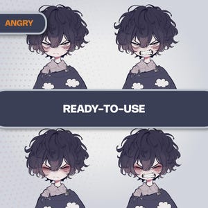 Angry expression for Gloom PNGTuber, sharp eyes and fangs, 4 high-quality PNG files.