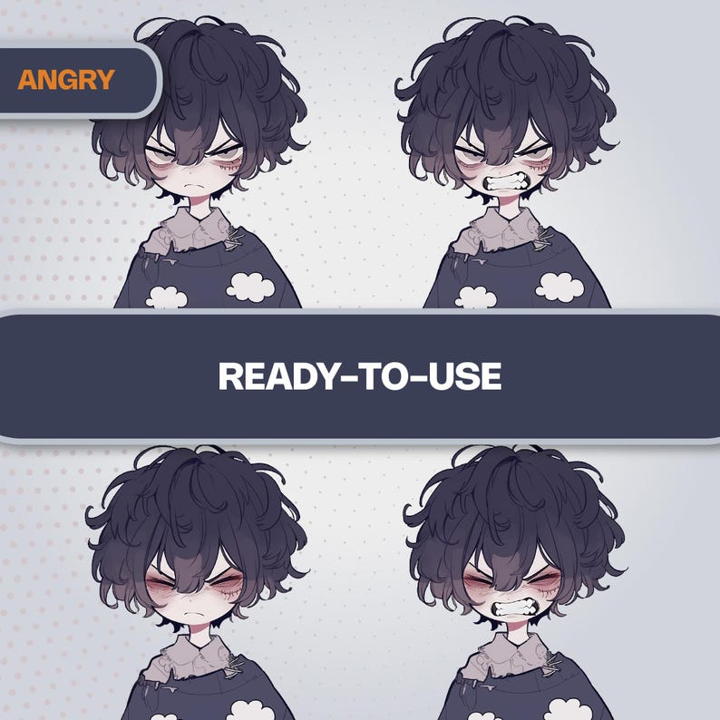 Angry expression for Gloom PNGTuber, sharp eyes and fangs, 4 high-quality PNG files.