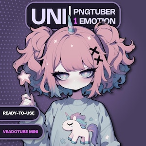 May include: Digital illustration of a character with pink and blue hair, a unicorn horn, and a star-shaped wand. The character wears a light blue sweatshirt with a unicorn graphic. Text includes "UNI", "PNGTUBER", "1 EMOTION", "READY-TO-USE", and "VEADOTUBE MINI".