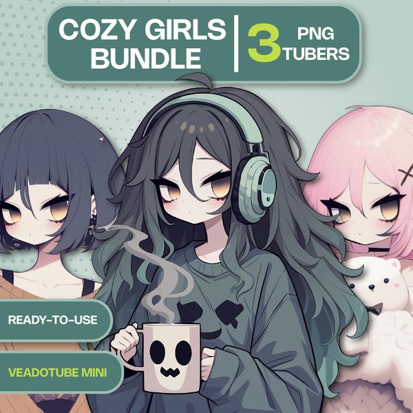 Pacchetto PNGTuber in stile gotico accogliente, 3 avatar femminili: Orsetto rosa, Gamer stanca e Bob lunatico, compatibili con Veadotube Mini e con le risorse per lo streaming su Twitch e Discord.