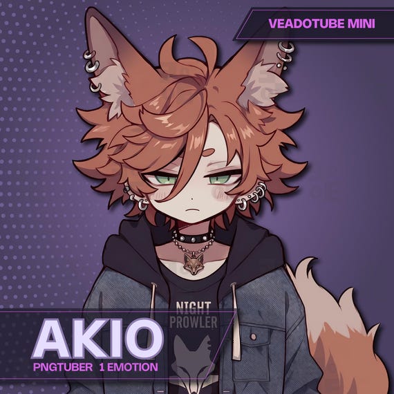 Goth Fox Boy PNGTuber Model For Veadotube Mini, Cute Kitsune VTuber Asset, Twitch Reactive Image, Shy Anime Ginger Hair Avatar Sprite