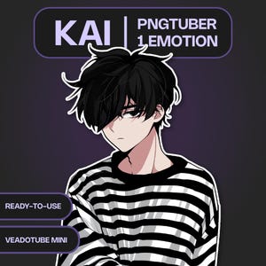 May include: Digital illustration of a character named KAI with black hair and a black and white striped shirt. Text includes "PNGTUBER 1 EMOTION", "READY-TO-USE", and "VEADOTUBE MINI" on a dark purple background.