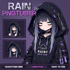 May include: A digital character illustration titled RAIN PNGTUBER featuring a character with long grey hair wearing a black hooded sweatshirt with purple accents, a cloud graphic, and the text RAINY DAYS CLUB. Includes three emotion variations.