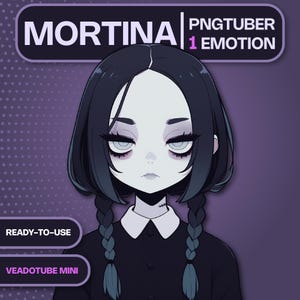 Könnte beinhalten: Digitale Illustration eines Charakters namens Mortina, ein PNGTuber mit einer Emotion. Der Charakter hat helle Haut, dunkles Haar in Zöpfen und trägt ein schwarzes Outfit. Das Bild enthält den Text "READY-TO-USE" und "VEADOTUBE MINI".