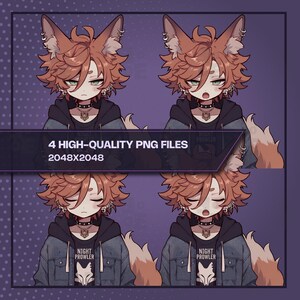 Four reactive animation states for a custom male anime fox kitsune PNGTuber sprite set. Displays 2048x2048 px transparent files for neutral, blinking, talking, and blinking while talking states. Stylized streetwear character with a fluffy fox tail.