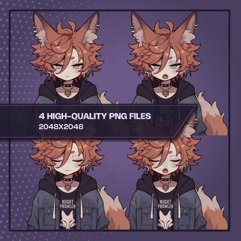 Four reactive animation states for a custom male anime fox kitsune PNGTuber sprite set. Displays 2048x2048 px transparent files for neutral, blinking, talking, and blinking while talking states. Stylized streetwear character with a fluffy fox tail.