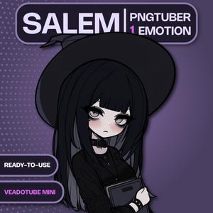以下が含まれることがあります： 黒い髪と魔女の帽子をかぶり、タブレットを持っている漫画のキャラクターのイラスト。 キャラクターは白い肌と濃いアイメイクをしています。 テキストには「SALEM」、「PNGTUBER 1 EMOTION」、「READY-TO-USE」、「VEADOTUBE MINI」が含まれています。 背景は紫です。