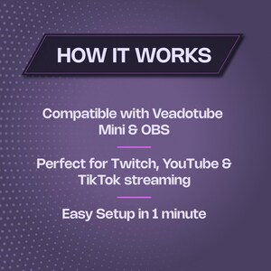 May include: A purple graphic with white text reading HOW IT WORKS, Compatible with Veadotube Mini & OBS, Perfect for Twitch, YouTube & TikTok streaming, and Easy Setup in 1 minute, featuring a dotted pattern on the left side.