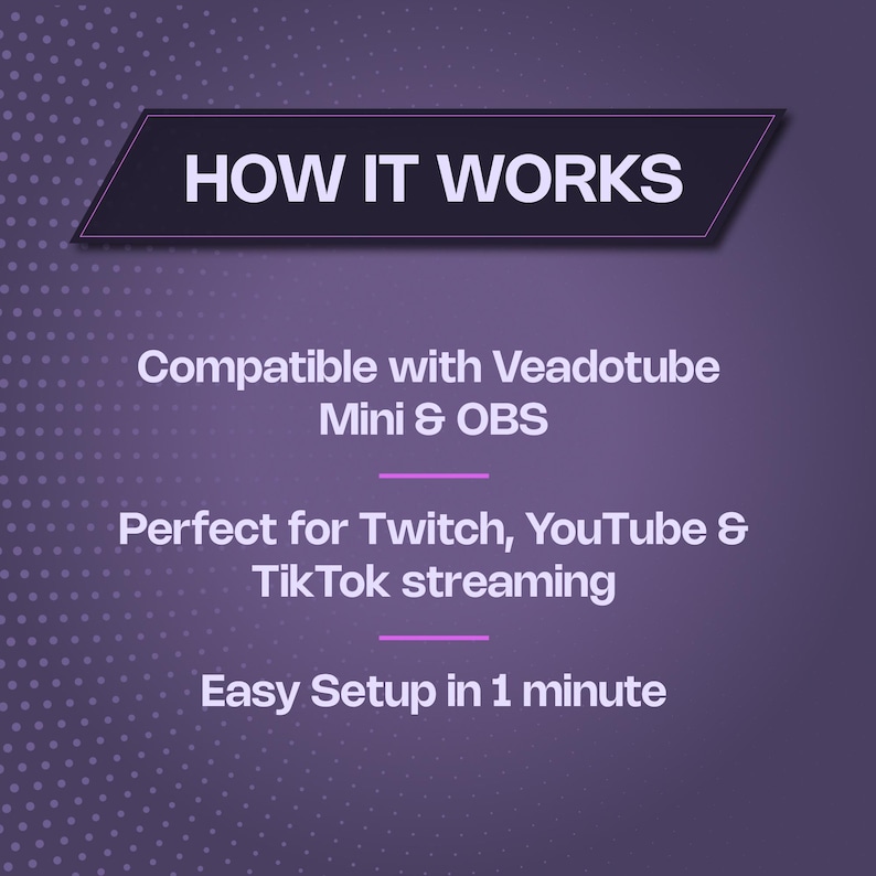 May include: A purple graphic with white text reading HOW IT WORKS, Compatible with Veadotube Mini & OBS, Perfect for Twitch, YouTube & TikTok streaming, and Easy Setup in 1 minute, featuring a dotted pattern on the left side.