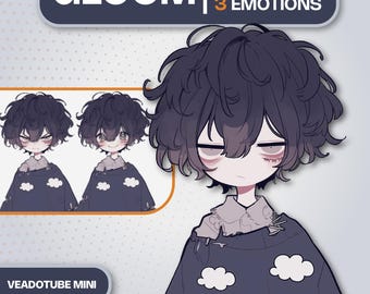 Soft Goth Boy Anime PNGTuber Model, Anime Avatar 3 Expressions, Veadotube Mini, Menhera Stream Assets, Cute Messy Hair Chibi PNG Tuber