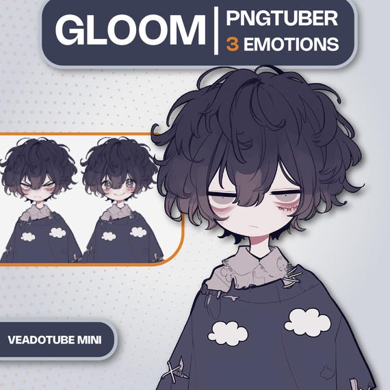 Soft Goth Boy Anime PNGTuber Model, Anime Avatar 3 Expressions, Veadotube Mini, Menhera Stream Assets, Cute Messy Hair Chibi PNG Tuber