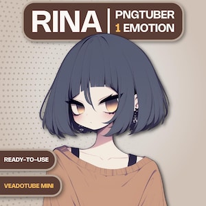 May include: Digital illustration of a female anime-style character with short, dark blue hair and large eyes. The character is wearing a brown sweater. Text on the image reads "RINA", "PNGTUBER 1 EMOTION", "READY-TO-USE", and "VEADOTUBE MINI".