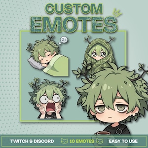 May include: A set of digital custom emotes for Twitch and Discord featuring a character with green hair and small tree branches. The character is shown in various states including sleeping, wrapped in a patterned blanket, shocked, and holding a mug.
