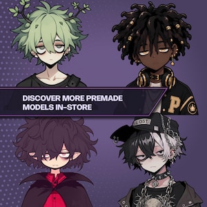 May include: Four anime-style character portraits on a purple background. Top left: green-haired character with antlers. Top right: dark-skinned character with dreadlocks and headphones. Bottom left: dark-haired vampire-like character. Bottom right: black and white-haired character with a cap and chains. Text reads: DISCOVER MORE PREMADE MODELS IN-STORE.