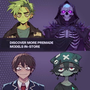 Puede incluir: Arte digital con cuatro personajes estilizados sobre un fondo p&uacute;rpura. Los personajes incluyen un zombi, un esqueleto y dos figuras de estilo anime. La imagen incluye el texto "DISCOVER MORE PREMADE MODELS IN-STORE".