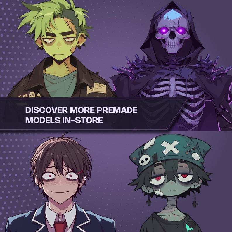 Puede incluir: Arte digital con cuatro personajes estilizados sobre un fondo p&uacute;rpura. Los personajes incluyen un zombi, un esqueleto y dos figuras de estilo anime. La imagen incluye el texto "DISCOVER MORE PREMADE MODELS IN-STORE".