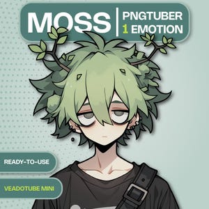 Puede incluir: Ilustración digital de un personaje con cabello verde y apariencia de musgo, vistiendo una camisa negra y una correa. La imagen incluye el texto "MOSS", "PNGTUBER 1 EMOTION", "READY-TO-USE" y "VEADOTUBE MINI" sobre un fondo turquesa.