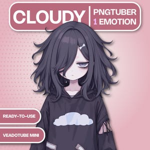 Könnte beinhalten: Digitale Illustration eines Charakters mit dunklen Haaren und traurigem Gesichtsausdruck. Der Charakter trägt einen schwarzen Hoodie mit einer Wolkengrafik. Der Text enthält "CLOUDY", "PNGTUBER", "1 EMOTION", "READY-TO-USE" und "VEADOTUBE MINI". Der Hintergrund ist rosa.