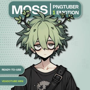 Moe bosjongen pngTuber-model voor Veadotube mini, slaperig groen haar avatar met gewei, edgy Nature Goth Stream Asset, mannelijke YouTuber sprite