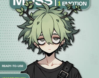 Tired Forest Boy PNGTuber Model for Veadotube Mini, Sleepy Green Hair Avatar with Antlers,Edgy Nature Goth Stream Asset,YouTuber Male Sprite