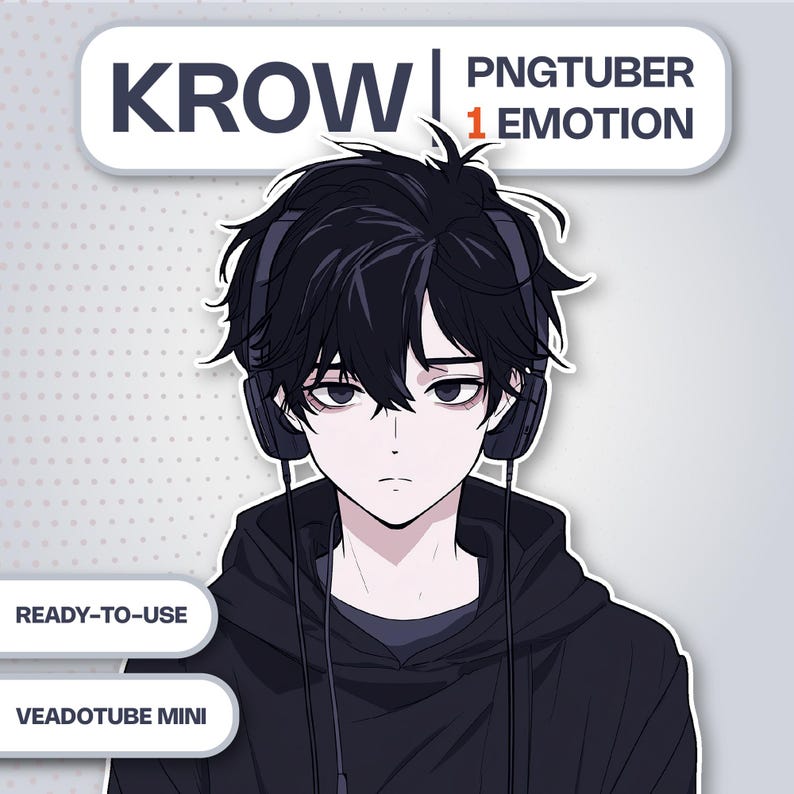 Premade Male PNGTuber model named Krow, an emo gothic anime boy with messy black hair, tired eyes with dark circles, and headphones wearing a black hoodie.