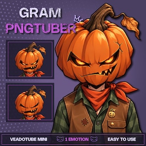 May include: A digital character asset featuring a pumpkin-headed figure with glowing eyes and a jagged grin. The character wears a green plaid shirt, a brown vest with a small pumpkin pin, and a red neckerchief. Text reads GRAM PNGTUBER.
