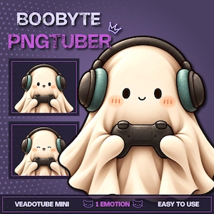 May include: A digital illustration of a ghost character wearing teal and black headphones while holding a black game controller. The text BOOBYTE PNGTUBER, VEADOTUBE MINI, 1 EMOTION, and EASY TO USE are visible on a purple background.