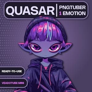 Peut inclure: Illustration numérique d'un personnage violet ressemblant à un extraterrestre avec de grands yeux, portant un sweat à capuche et un bonnet noirs. L'image comprend le texte "QUASAR" et "PNGTUBER 1 EMOTION". Le texte supplémentaire indique "READY-TO-USE" et "VEADOTUBE MINI".
