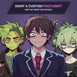 Puede incluir: Ilustraci&oacute;n digital de tres personajes de estilo anime. La imagen incluye el texto "WANT A CUSTOM PNGTUBER? VISIT MY SHOP FOR DETAILS". Los personajes tienen cabello verde y marr&oacute;n y visten diferentes atuendos.