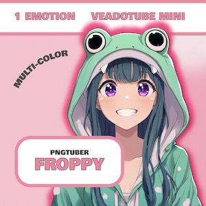 May include: An anime-style illustration of a person wearing a green frog hoodie. The image includes the text "1 EMOTION", "VEADOTUBE MINI", "MULTI-COLOR", "PNGTUBER", and "FROPPY". The person has purple eyes and blue hair, and is smiling.